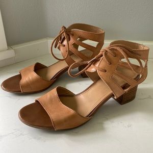 Franco Sarto ankle tie strap sandals with a block heel.